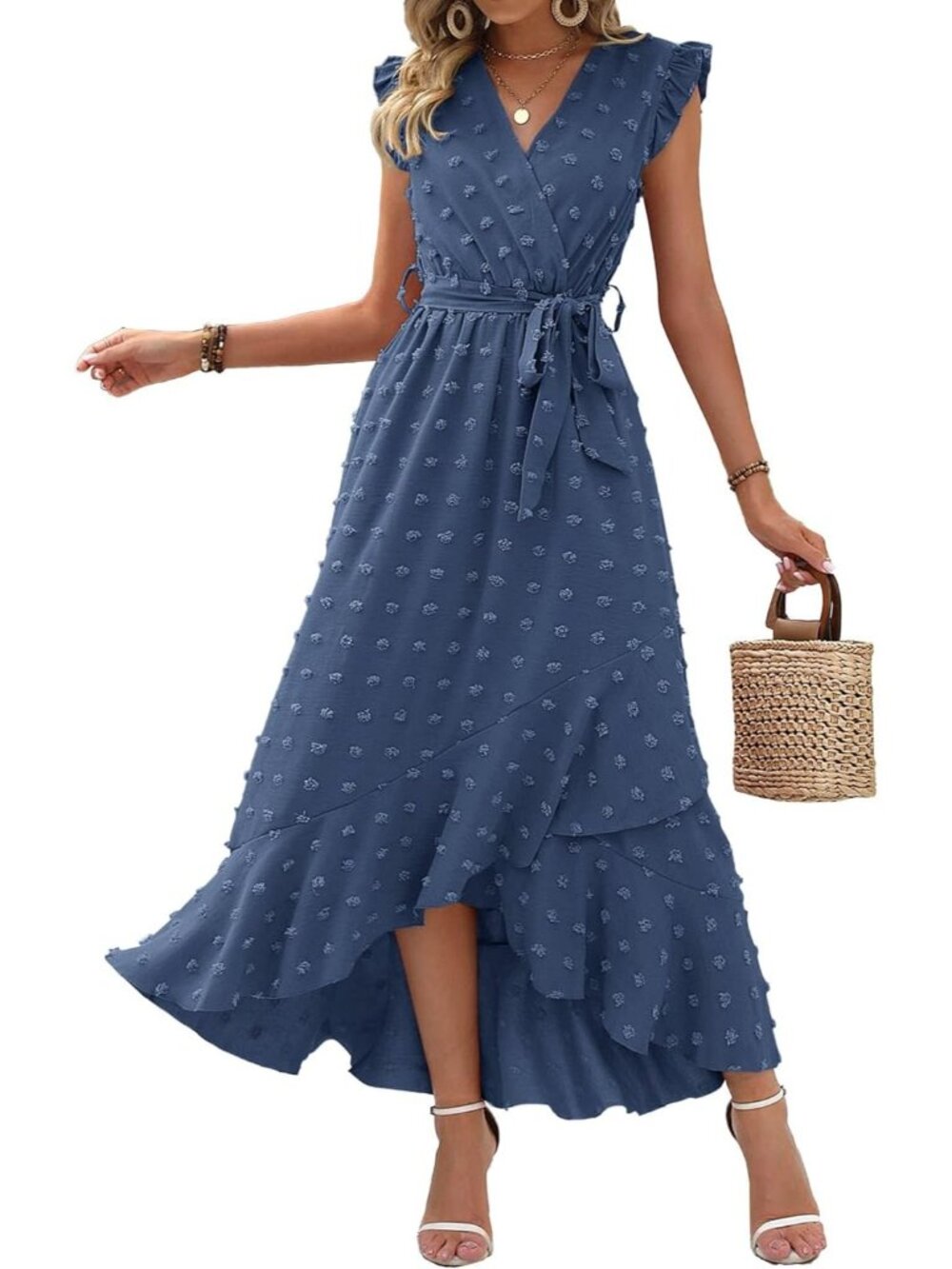 Women's Blue V Neck Summer Dress \Cap Sleeve Swiss Dot Boho Flowy Ruffle Maxi